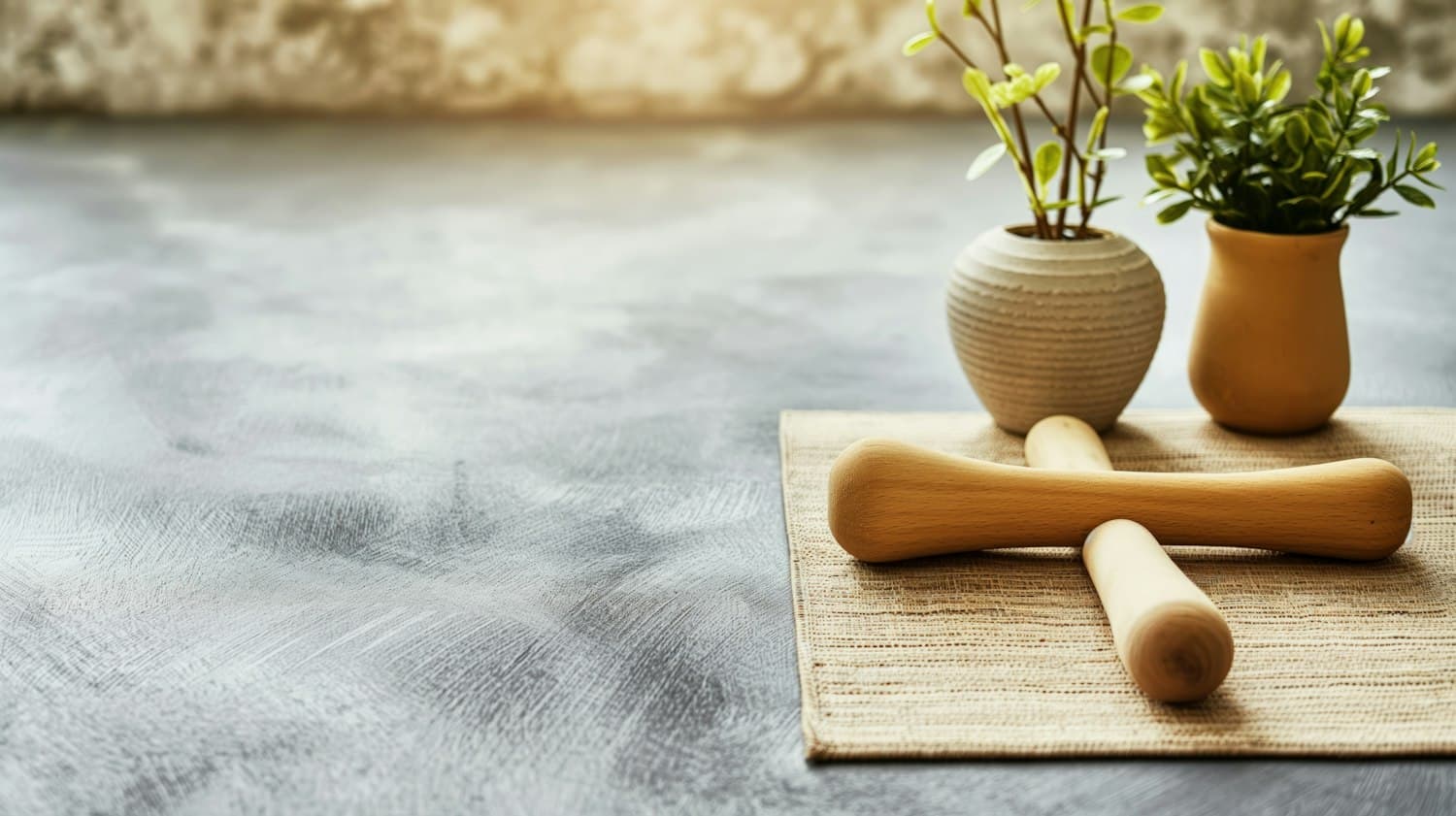 Wooden handheld massage tools on a woven mat